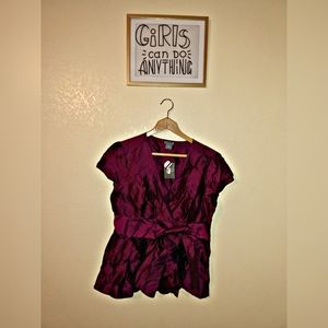 Metalic purple color blouse with cloth belt.